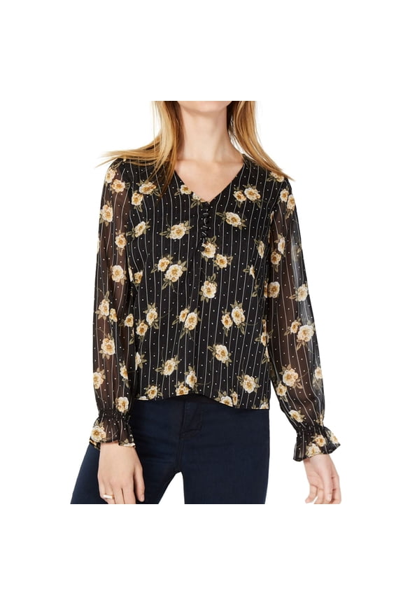 Womens Sheer-Sleeve Floral Tunic Blouse