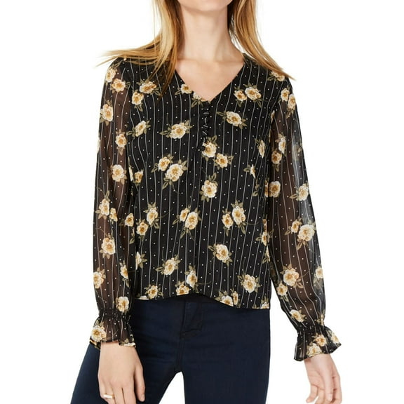 Maison Jules Womens Sheer-Sleeve Floral Tunic Blouse
