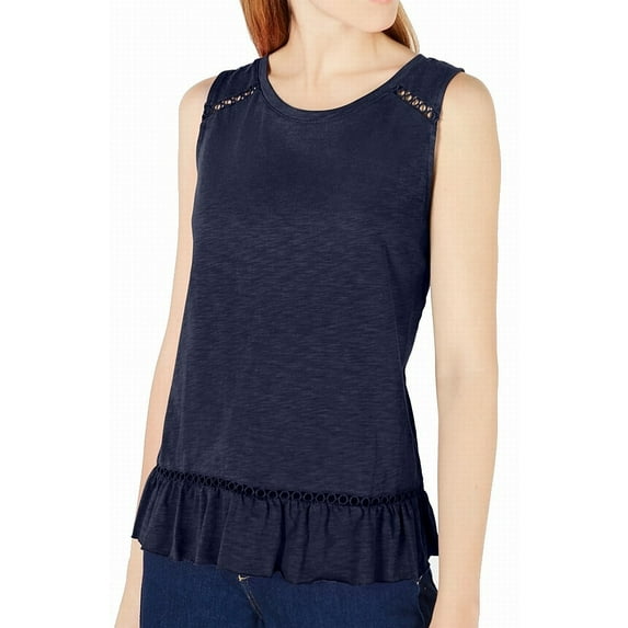 Maison Jules Womens Tank Top Navy Lace-Trim Ruffle-Hem Blue XS