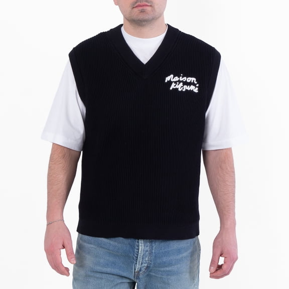 Maison Kitsune Handwriting Embroidery Ribbed Knit Vest, Size X-Large