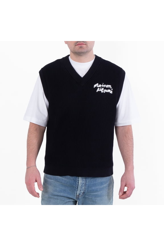 Handwriting Embroidery Ribbed Knit Vest, Size X-Large