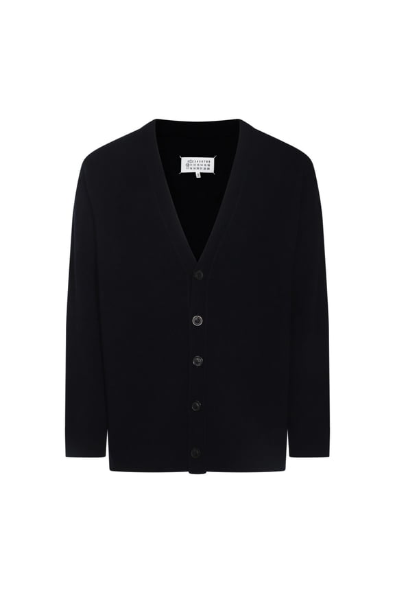 Navy Blue Wool Knit Cardigan With Deep V-Neck And Button-Down Front (Men's)