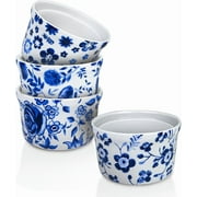 Maison Neuve 4-Piece Ramekin Set, Hand-Painted Custard Cups, 8 oz, Blue/White