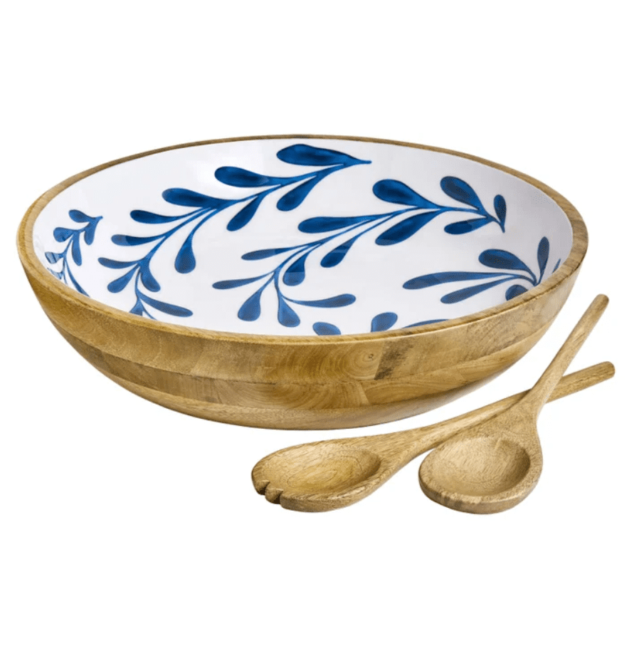 Maison Neuve Enamelled Mango Wood Salad Bowl & Servers, 44 cm (17.3 in.)