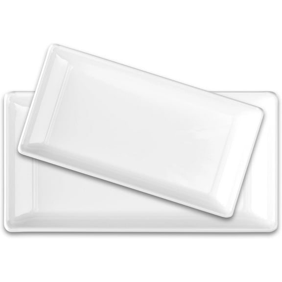 Maison Neuve 2-Piece Large Ceramic Tray Rectangular Serving Platter Set, Pure White Design