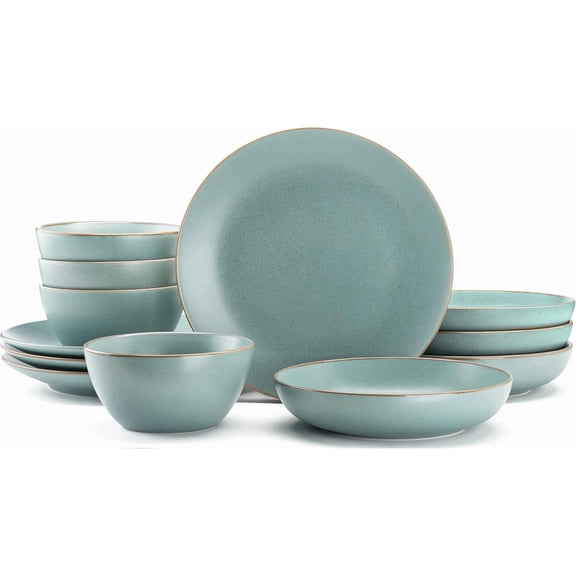 Maison Neuve Riverside 12-Piece Dinnerware Set for 4, Hand Crafted Plates and Bowls, California Teal