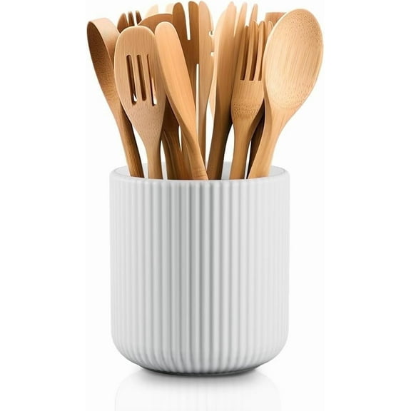 Maison Nueve Taylor Ceramic Utensil Holder, Large Cooking Utensil Crock, 7.2”, White Fluted