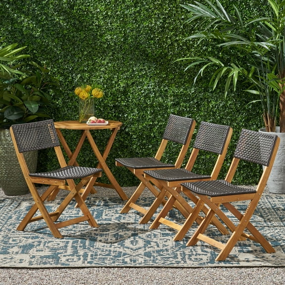 Maison Outdoor Acacia Wood Foldable Bistro Chairs with Wicker Seating, Set of 4, Teak Finish and Brown Wicker