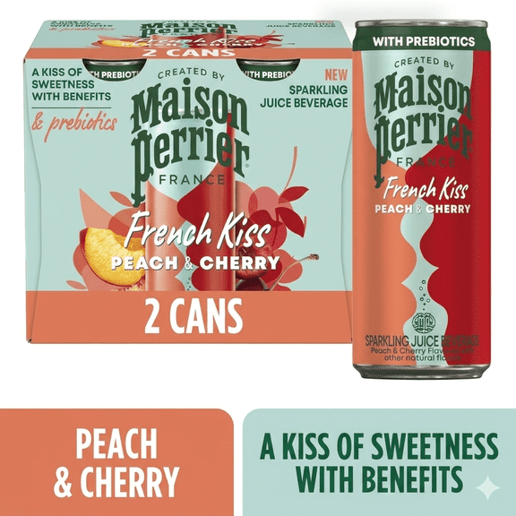 Maison Perrier French Kiss Flavored Water Peach Cherry 11.15 fl oz Cans, Pack of 2