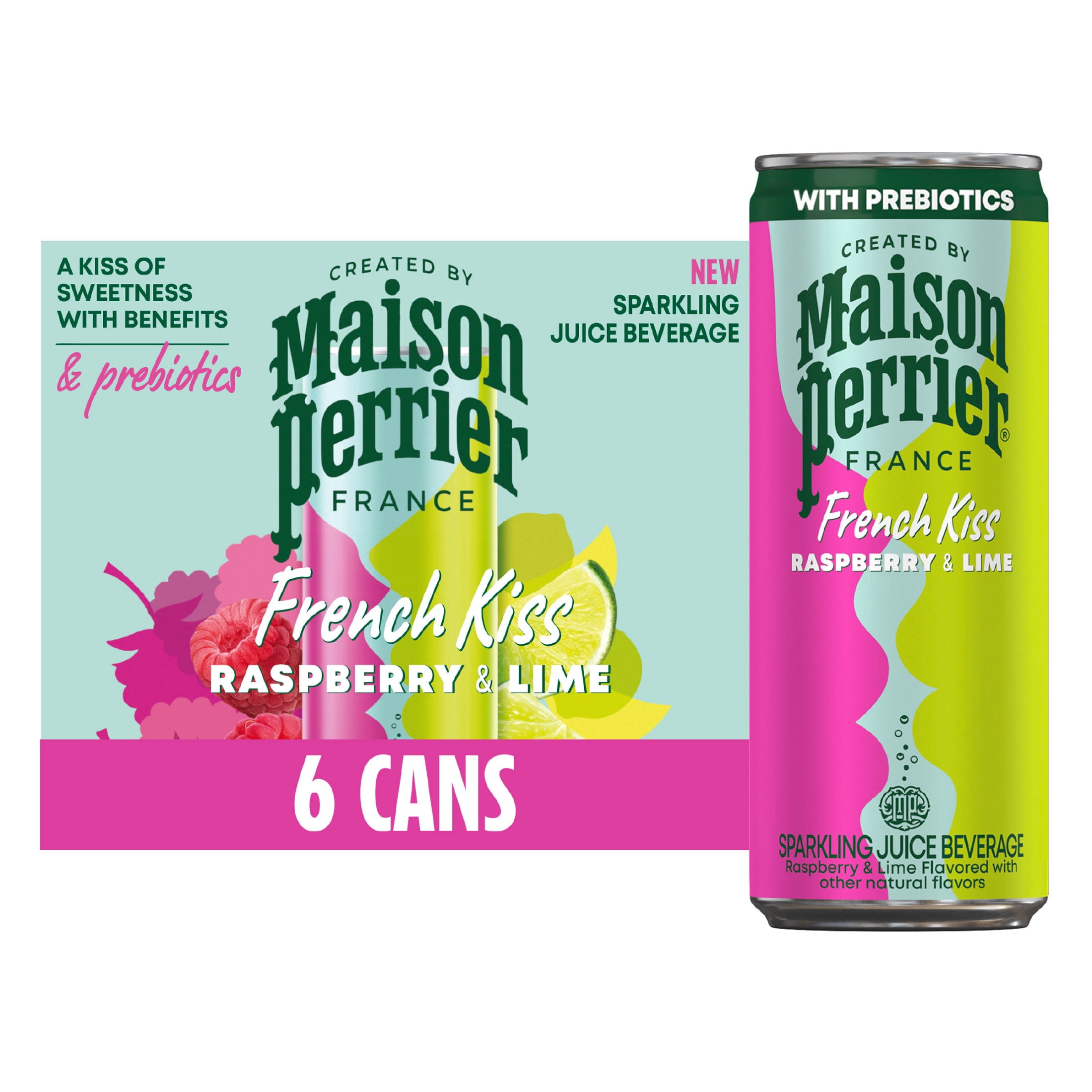 Maison Perrier French Kiss Sparkling Juice Beverage, Raspberry & Lime Flavors with Real Fruit Juices, 6PK  66.9 fl oz