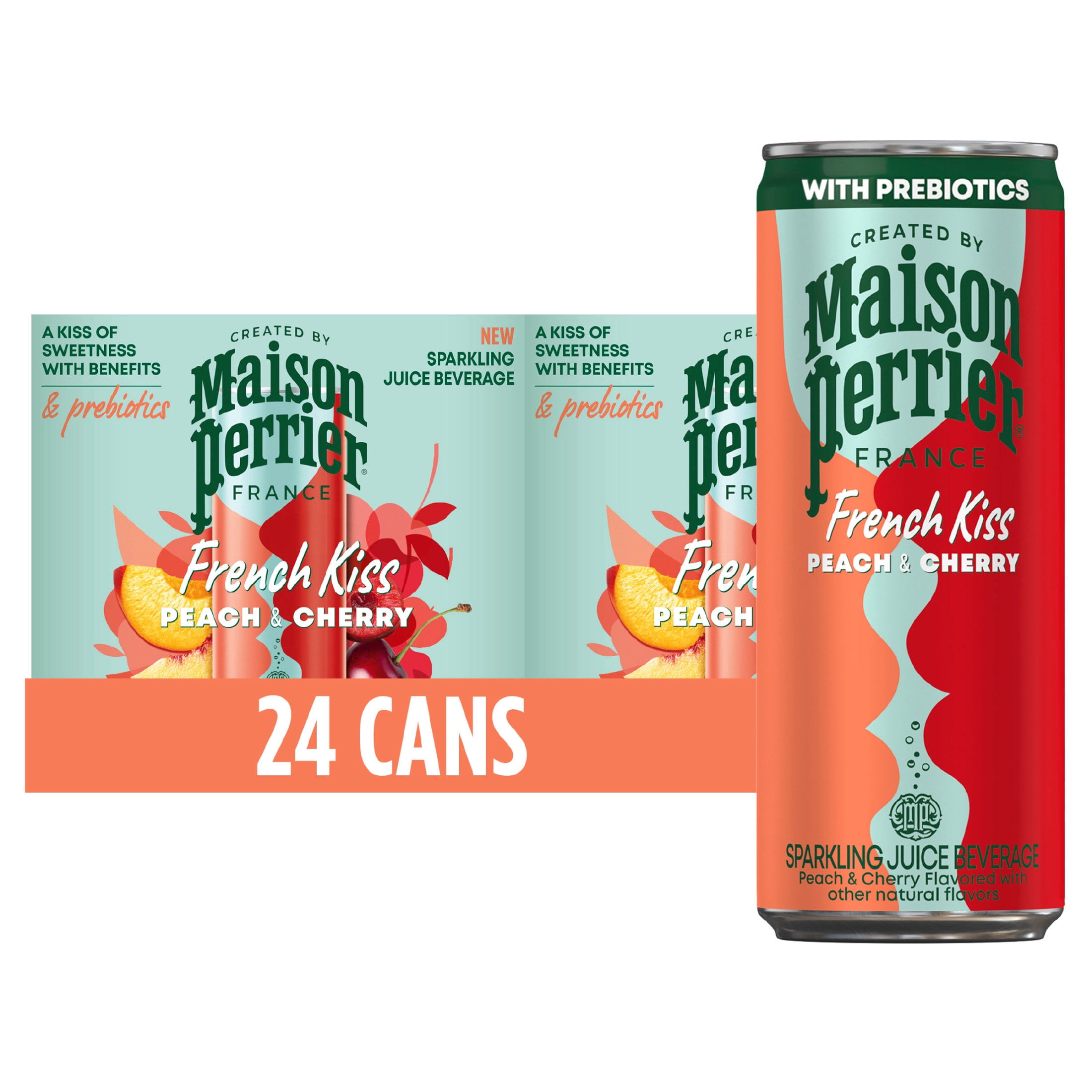 Maison Perrier French Kiss Sweetened Sparkling Water, Peach & Cherry Flavors with Real Fruit Juices, 24PK
