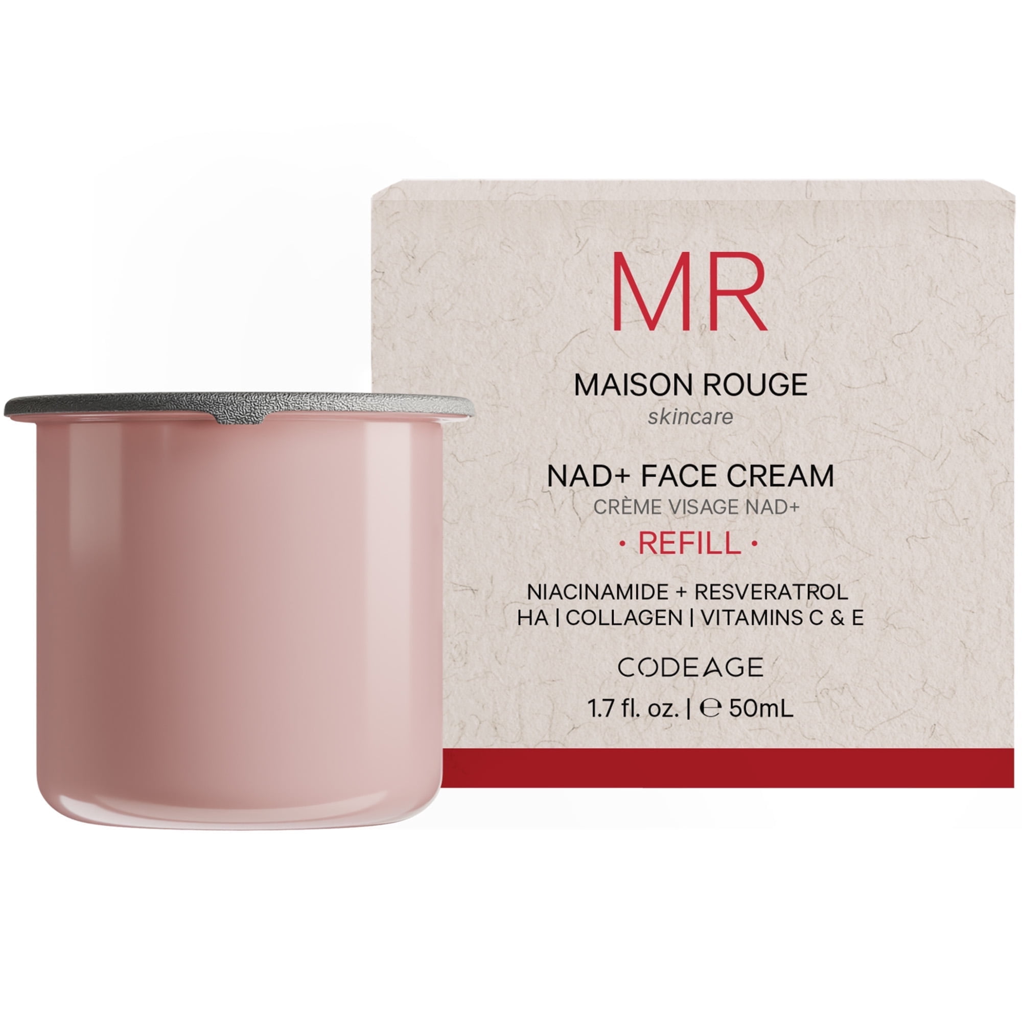 Maison Rouge NAD+ Face Cream Refill by Codeage – Refill Only – Resveratrol, Niacinamide, Collagen, Hyaluronic Acid, Vitamin C, Aloe Vera, Shea Butter - Parabens & Sulfates Free, Skin Care - 1.7 fl oz