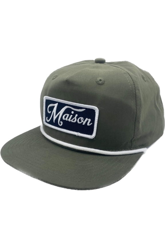 Maison Snapback Trucker Surf Hat. Olive With Black Custom Embroidered Patch. Dad Soft Style Unisex Baseball Hat, One Size Fits All Lifestyle Hat