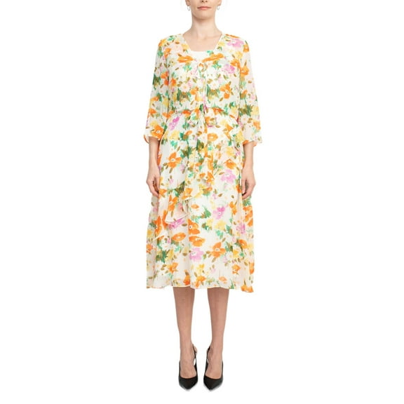 Maison Tara Scoop Neck Back Zipper Sleeveless Floral Midi Dress with Matching Chiffon Jacket