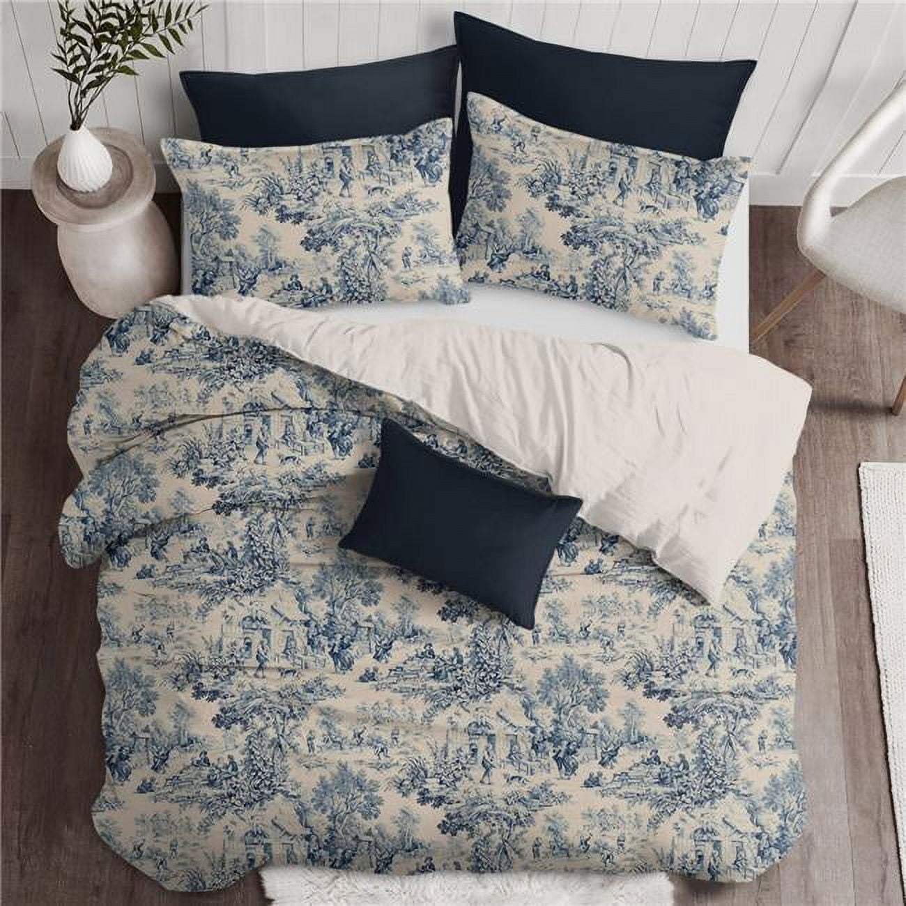 Twin Blue Cotton Toile Duvet Cover and Pillow Sham Set