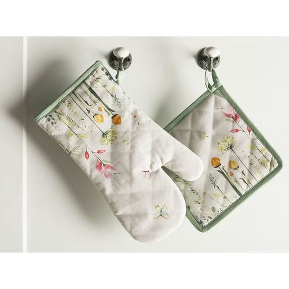 Maison d' Hermine Botanical Fresh 100% Cotton Set of Oven Mitt (7.5 Inch by 13 Inch) and Pot Holder (8 Inch by 8 Inch) for BBQ | Cooking | Baking | Grilling | Microwave | Barbecue | Spr