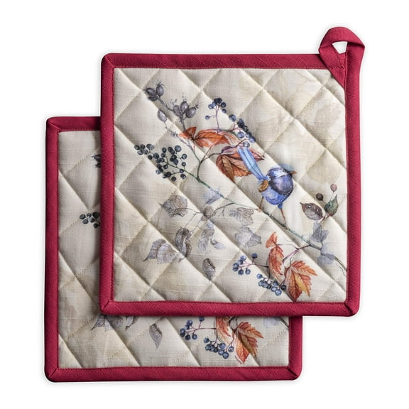 Maison d' Hermine Equinoxe - Beige 100% Cotton Set of 2 Pot Holders with Loop Heat Resistant for BBQ | Cooking | Baking | Grilling | Microwave | Barbecue | Spring/Summer (8 Inch by 8 Inch).
