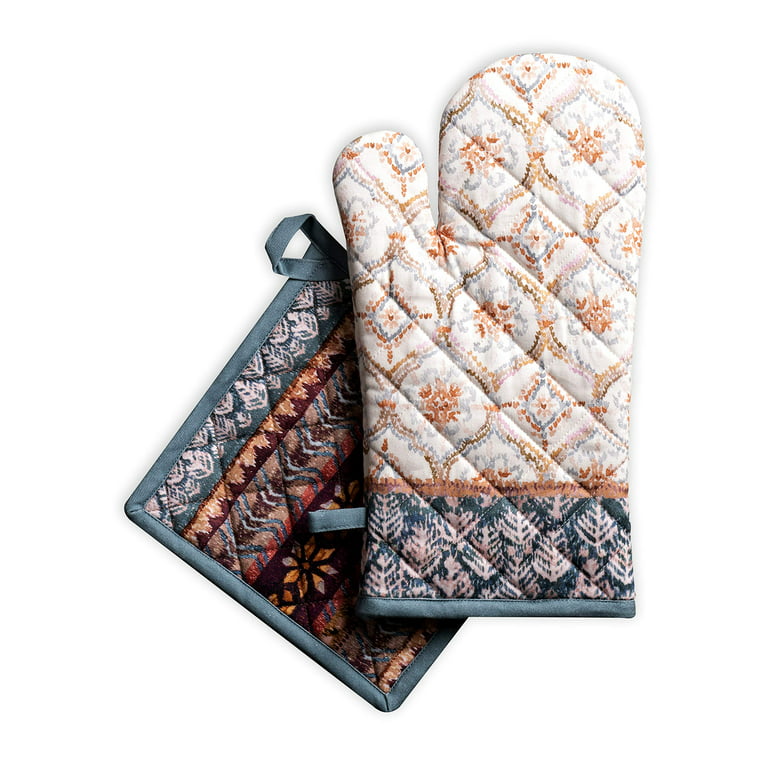 Maison d' Hermine Fair Isle 100% Cotton Set of Oven Mitt (7.5 Inch by 13  Inch) and Pot Holder (8 Inch by 8 Inch) for BBQ Cooking Baking Grilling