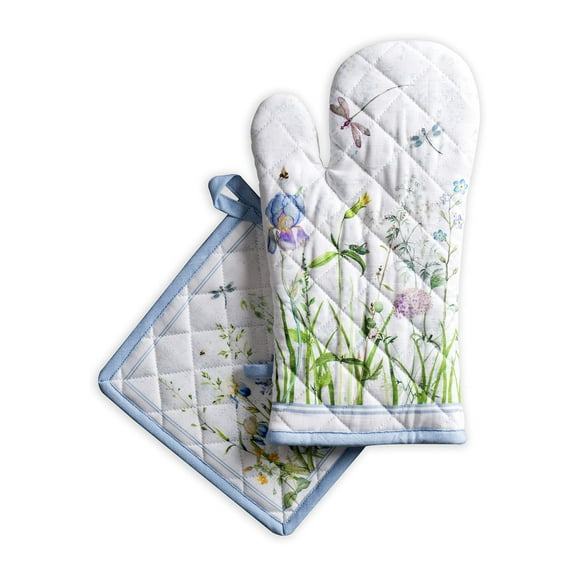 Maison d' Hermine Fleurs De Mai 100% Cotton Easter Set of Oven Mitt (7.5 Inch by 13 Inch) and Pot Holder (8 Inch by 8 Inch) for BBQ | Cooking | Baking | Grilling | Barbecue | Spring/Summer