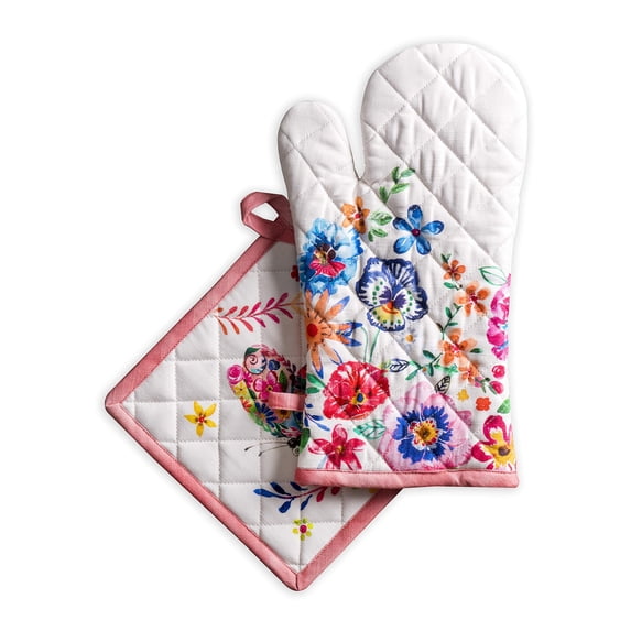 Maison d' Hermine Happy Florals - High Summer 100% Cotton Easter Set of Oven Mitt (7.5 Inch by 13 Inch) and Pot Holder (8 Inch by 8 Inch) for Cooking | Baking | Grilling | Barbecue | Spring/Summer