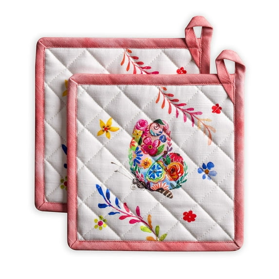 Maison d' Hermine Happy Florals - High Summer 100% Cotton Set of 2 Pot Holders with Loop Heat Resistant for BBQ | Cooking | Baking | Grilling | Microwave | Barbecue | Spring/Summer (8 Inch by 8 Inch).