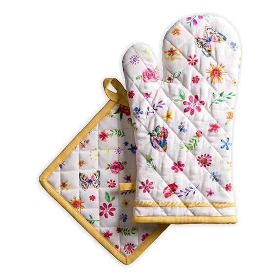Maison d' Hermine Happy Florals - Sweety 100% Cotton Easter Set of Oven Mitt (7.5 Inch by 13 Inch) and Pot Holder (8 Inch by 8 Inch) for BBQ | Cooking | Baking | Grilling | Barbecue | Spring/Summer