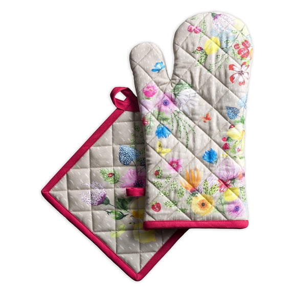Maison d' Hermine Jardin D'ete - Fog 100% Cotton Easter Set of Oven Mitt (7.5 Inch by 13 Inch) and Pot Holder (8 Inch by 8 Inch) for BBQ | Cooking | Baking | Grilling | Barbecue | Spring/Summer