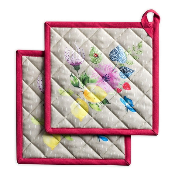 Maison d' Hermine Jardin D'ete - Fog 100% Cotton Set of 2 Pot Holders with Loop Heat Resistant for BBQ | Cooking | Baking | Grilling | Microwave | Barbecue | Spring/Summer (8 Inch by 8 Inch).