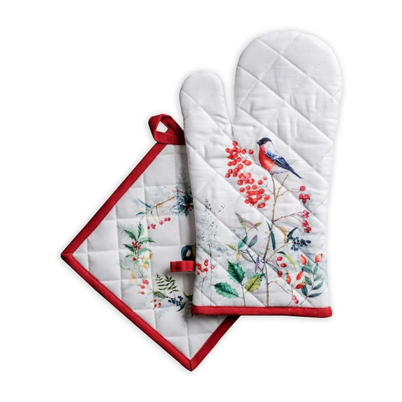 Maison d' Hermine Morzine 100% Cotton Set of Oven Mitt (7.5 Inch by 13 Inch) and Pot Holder (8 Inch by 8 Inch) for BBQ Cooking Baking Grilling Microwave Barbecue Thanksgiving/Christmas