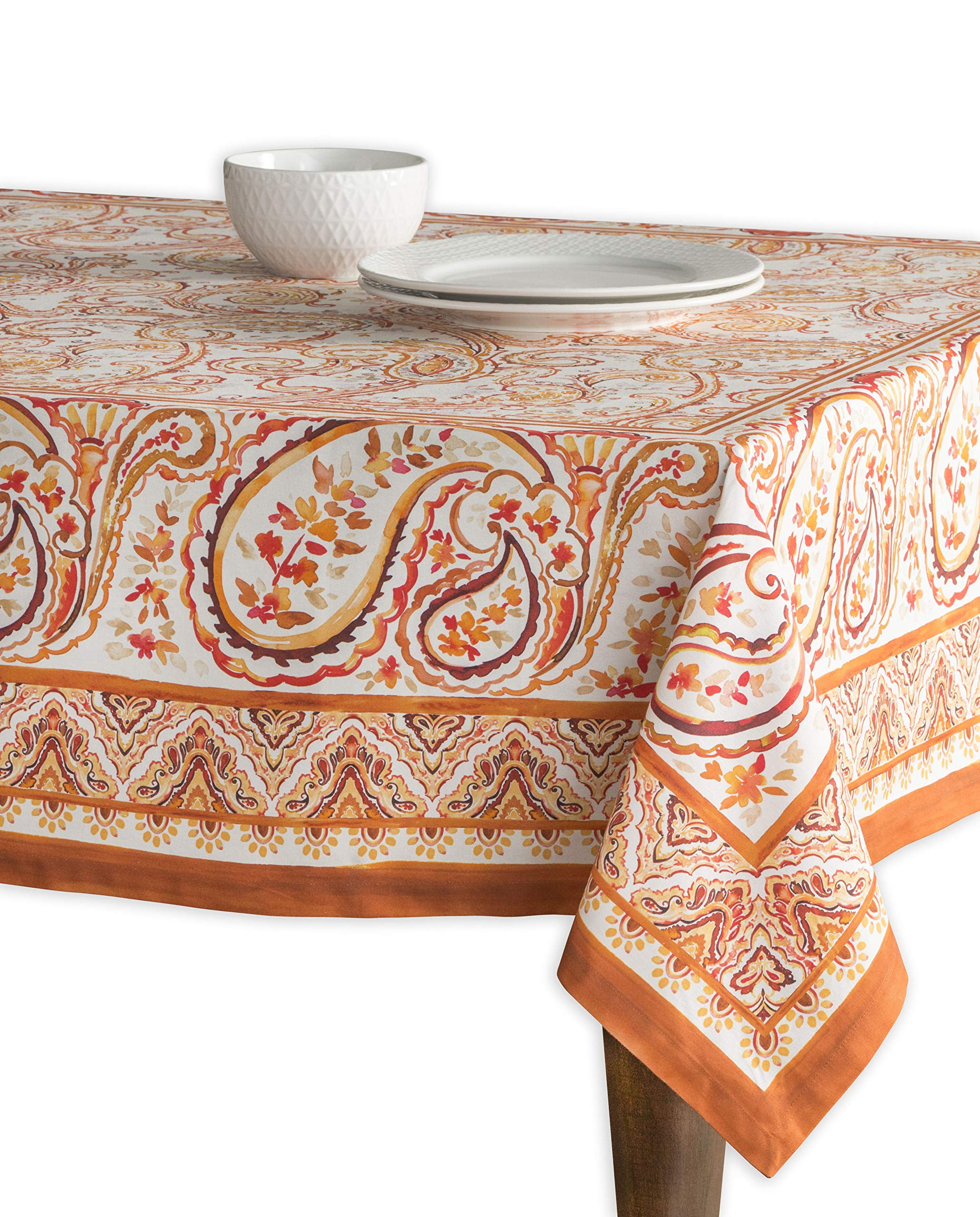 Palatial Paisley 100% Cotton Square Tablecloth in Orange and Beige
