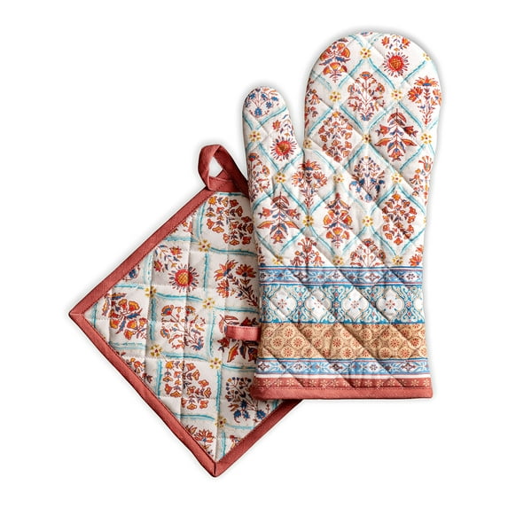 Maison d' Hermine Romane 100% Cotton Set of Oven Mitt (7.5 Inch by 13 Inch) and Pot Holder (8 Inch by 8 Inch) for BBQ Cooking Baking Grilling Microwave Thanksgiving/Christmas