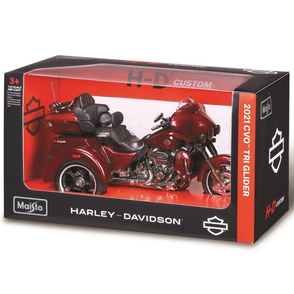 Maisto 1:12 Diecast Harley Davidson - 2021 CVO Tri Glider - Red Metallic H-D Custom Motorcycle Model, Collectible Toy Trike, Licensed, Kids-Adults 3+
