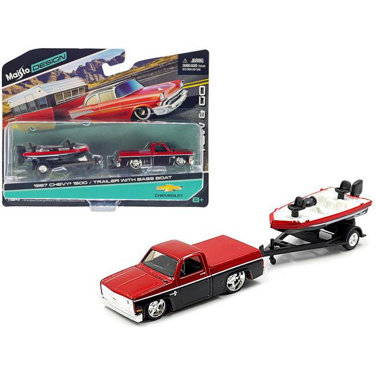 1987 Chevrolet 1500 Pickup Truck Candy Red and Black and Bass Boat with Trailer Red and Black Tow  Go Series 1/64 Diecast Model Car by Maisto