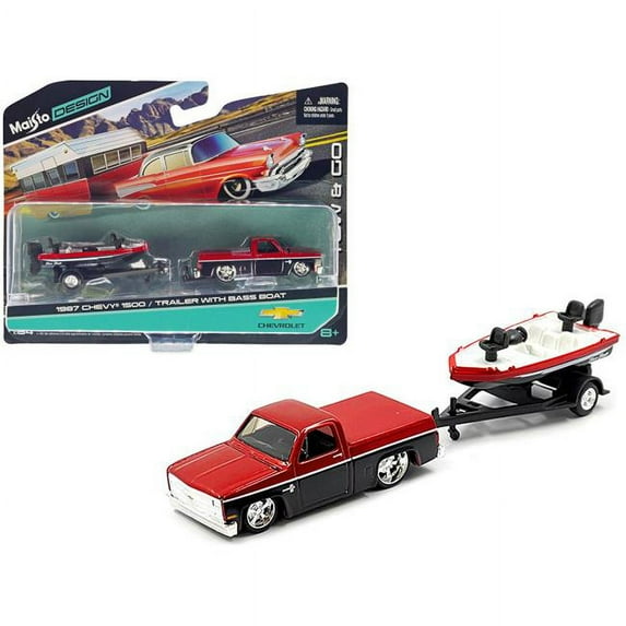 1987 Chevrolet 1500 Pickup Truck Candy Red and Black and Bass Boat with Trailer Red and Black Tow Go Series 1/64 Diecast Model Car by Maisto