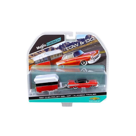 Maisto 1 by 64 Diecast 1957 Chevrolet Bel Air with Alameda Trailer Red Tow & Go Model - Red