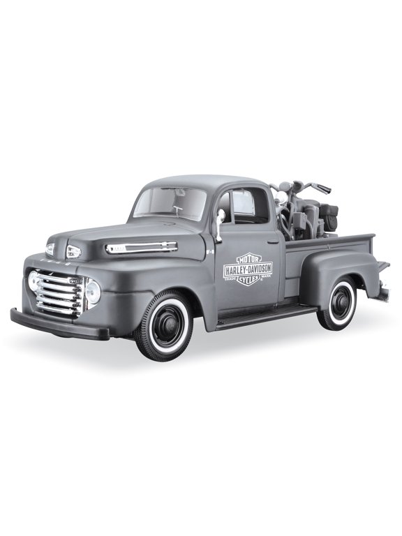 32185FGR 1948 Ford F-1 Pickup Truck Harley Davidson Flat Green with 1942 Harley Davidson 1-25 WLA Flathead Motorcycle