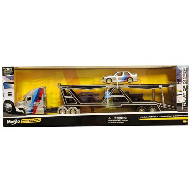 Maisto 1/64MACKAnthem &1988  M3カーキャリア Mack Anthem Open Car Hauler Silver with Stripes and 1988 BMW 3