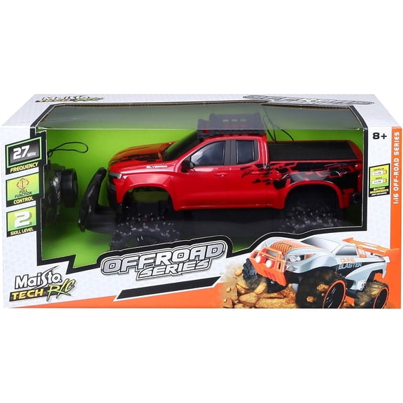 Off-Road 2019 Chevy Silverado Pickup Truck, Red - Maisto 82706 - 1/16 Scale Remote Control Car