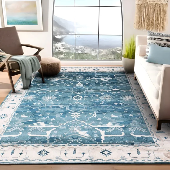 Womenarts Maithen Blue Rug Oriental Floral Handcrafted Wool Ideal For Living Room and Bedroom 2.6x12