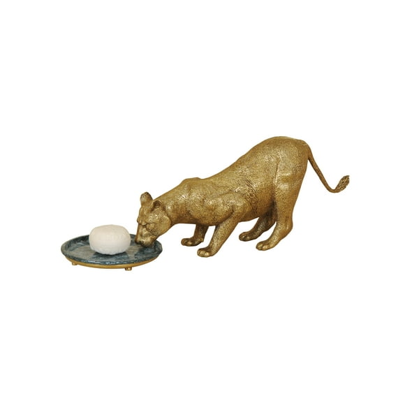 Maitland-Smith Lion Soap Dish, 20" Cast Brass with Hammered Blue Shell Accents, Decorative Bathroom Accessory
