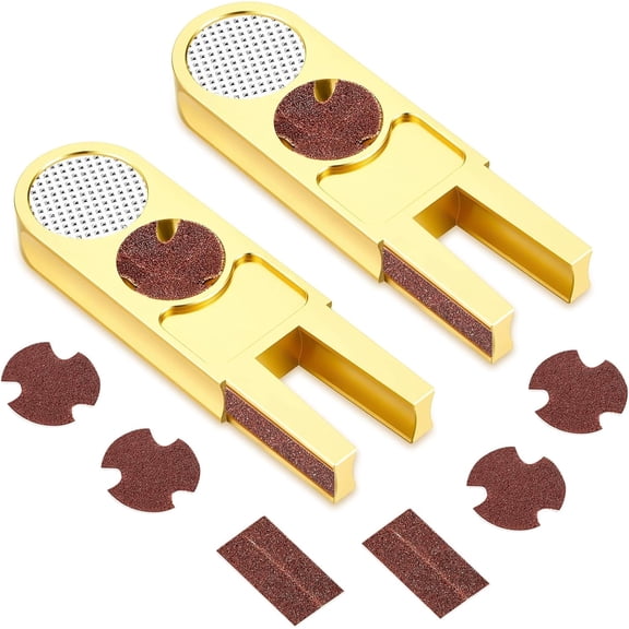 ABCISI 2 Pcs Billiards Pool Cue Tip Shaper Tool Cue Tip Scuffer Burnisher Metal Sander Stick Tool U Shaped Multi Functional Trimmers Tapper with Sandpaper, Gold