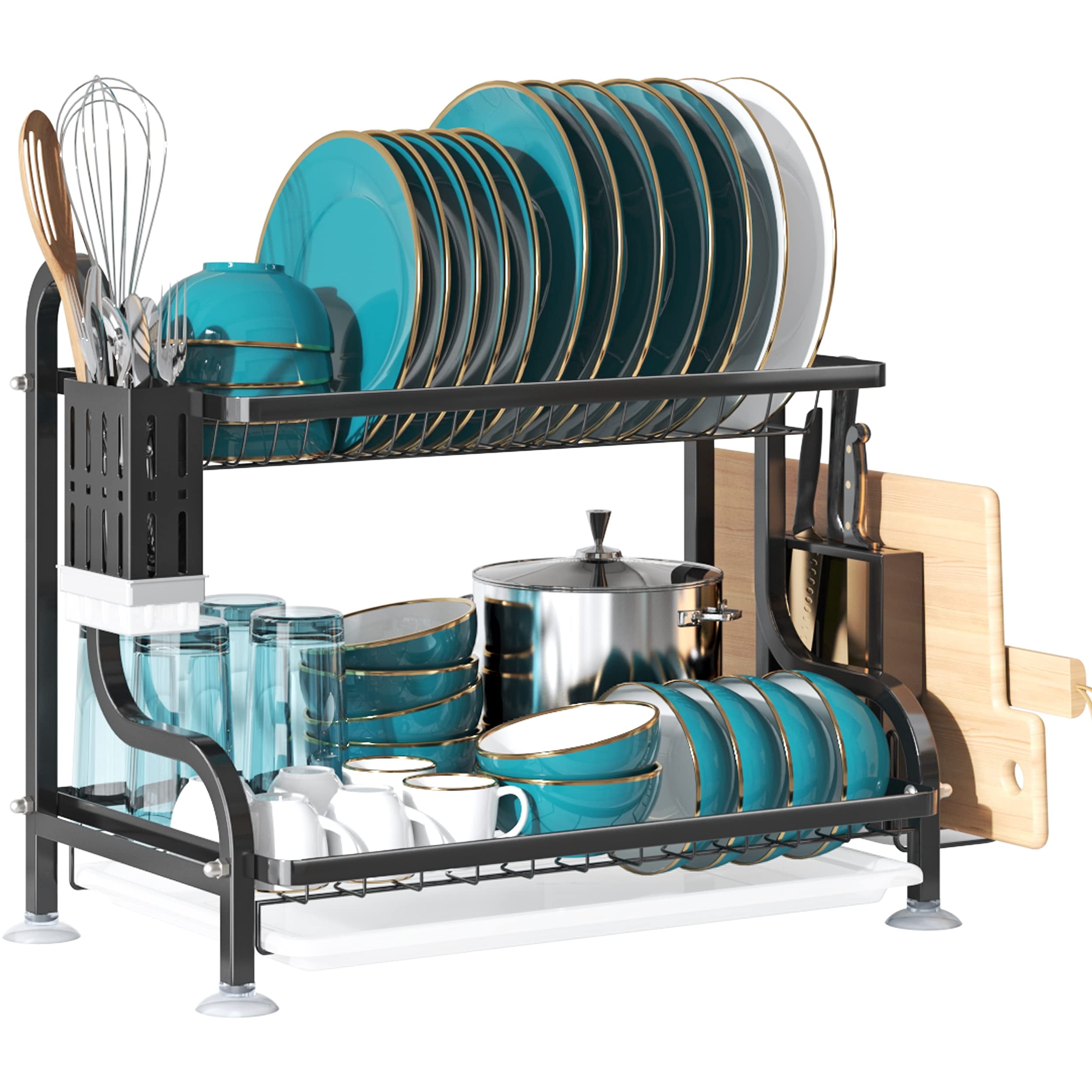Majalis Dish Drying Rack, 2 Tier Dish Racks Drain Set with Utenil Holder  and Cutting Board, Stainless Steel Black Dish Drainer 