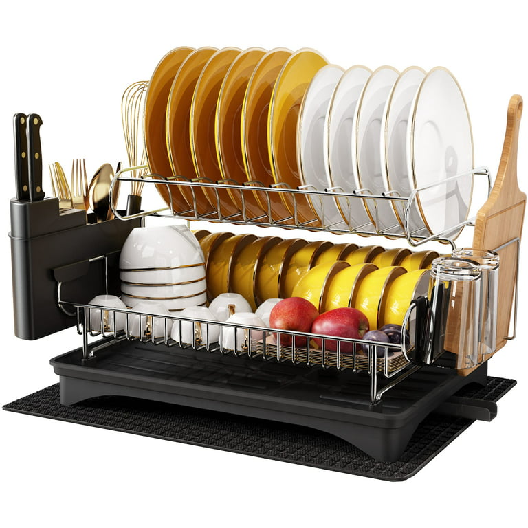 johamoo dish drying rack 2 tier, large dish rack with drainboard, metal  dish dryer rack for kitchen counter, rust-proof dish