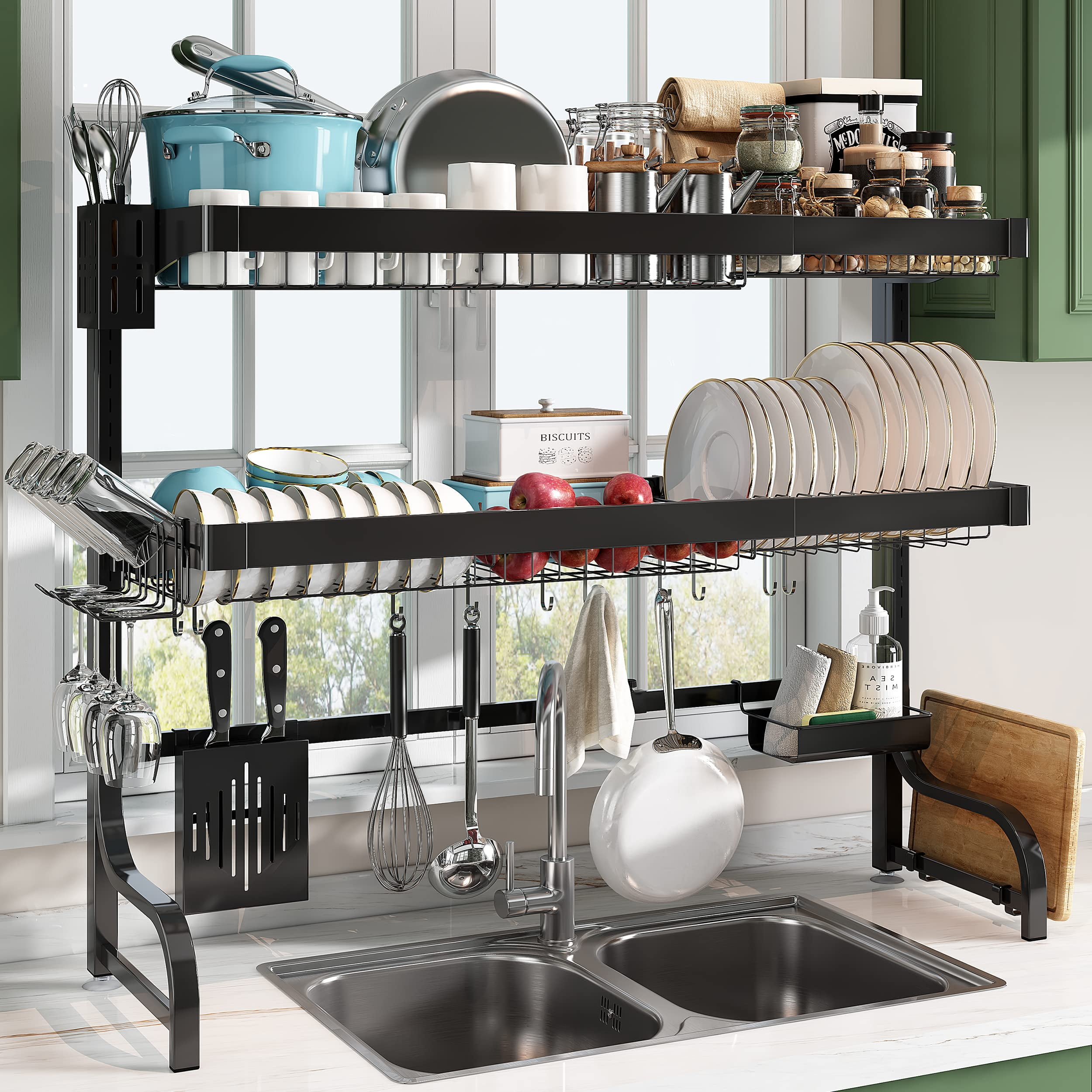MAJALiS Over Sink Dish Drying Rack, Large 3 Tier 304 Stainless Steel Dish  Drainer Organizer for Kitchen Shelf, Expandable Above Sink Storage
