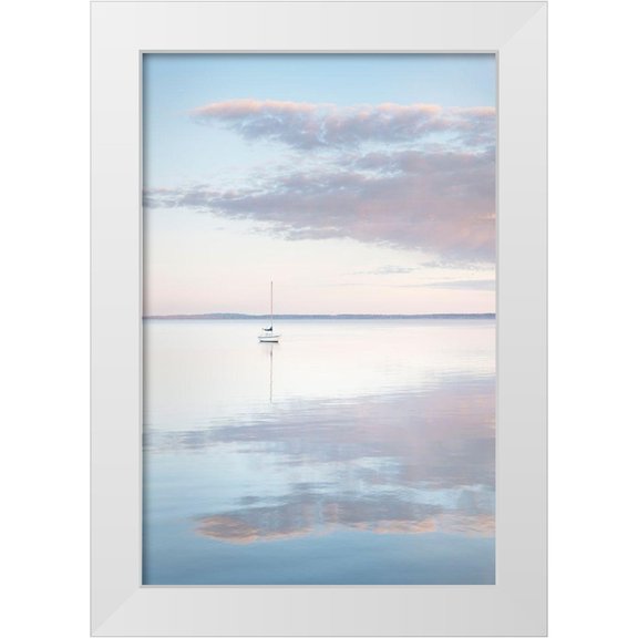 Majchrowicz, Alan 11x14 White Modern Wood Framed Museum Art Print Titled - Sailboat and morning clouds reflected in calm waters of Bellingham Bay-Washington State