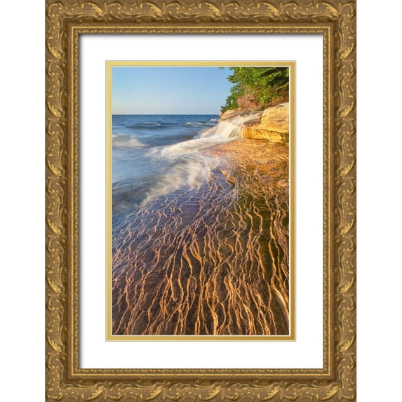Majchrowicz, Alan 17x24 Gold Ornate Wood Framed with Double Matting Museum Art Print Titled - Elliot Falls flowing over layers of Au Train Formation sandstone at Miners Beach