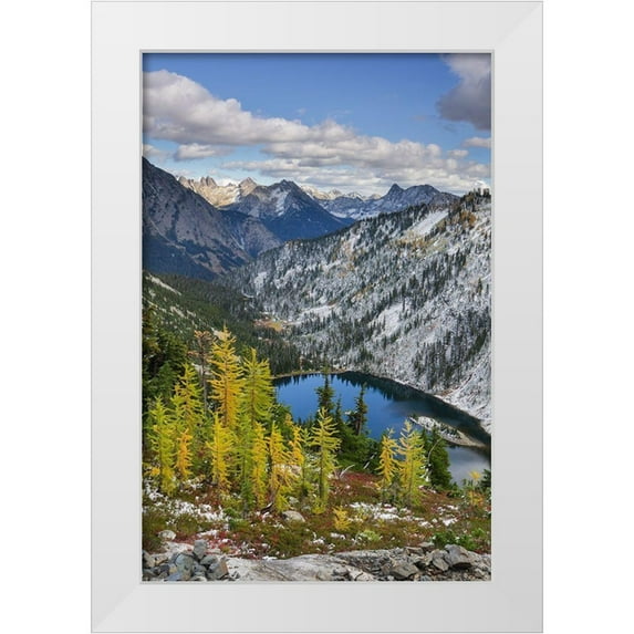 Majchrowicz, Alan 17x24 White Modern Wood Framed Museum Art Print Titled - Lake Ann and golden larches after autumn snowfall North Cascades-Washington State