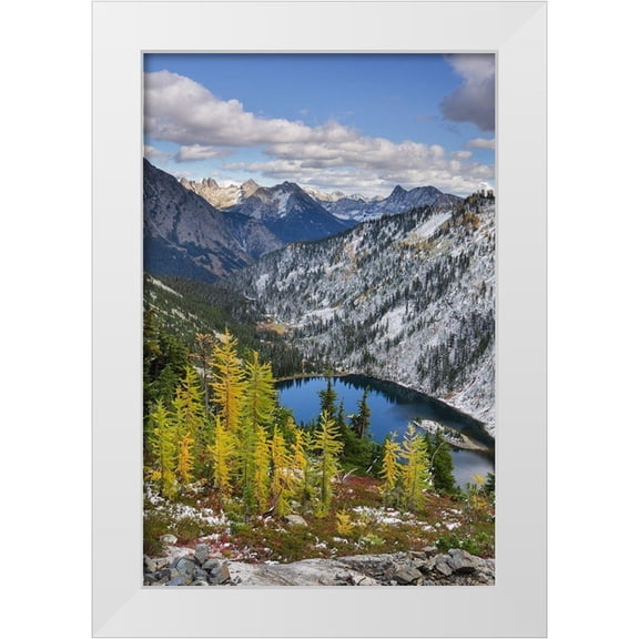 Majchrowicz, Alan 23x32 White Modern Wood Framed Museum Art Print Titled - Lake Ann and golden larches after autumn snowfall North Cascades-Washington State