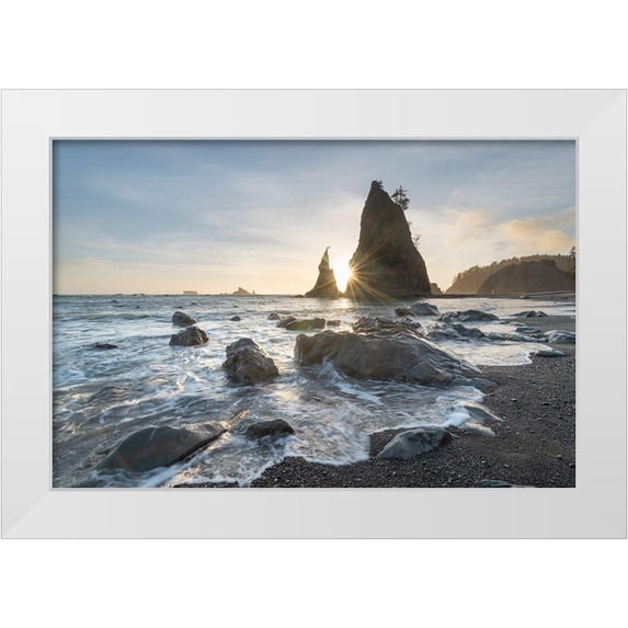 Majchrowicz, Alan 32x23 White Modern Wood Framed Museum Art Print Titled - Setting sun behind Split Rock on Rialto Beach-Olympic National Park