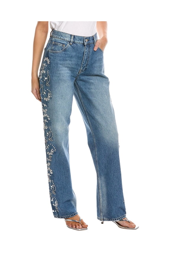 womens  Embellished Straight Jean, T36, Blue